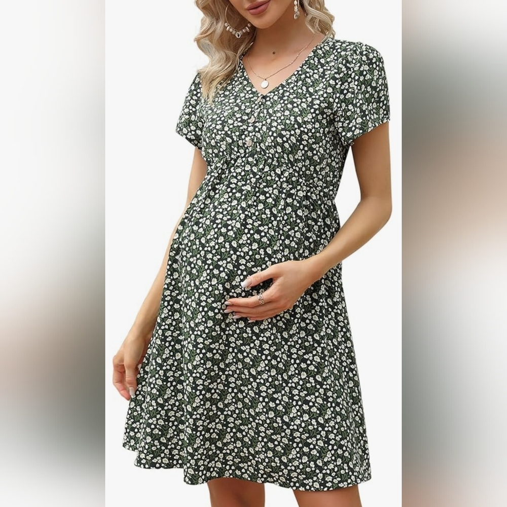 NWT! FunJuly Womens Large green floral flowy casual maternity dress